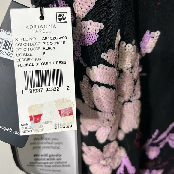 Adrianna Papell Tea Length Floral Sequin Slip Dress Black Women’s Size 6 - Picture 7 of 8